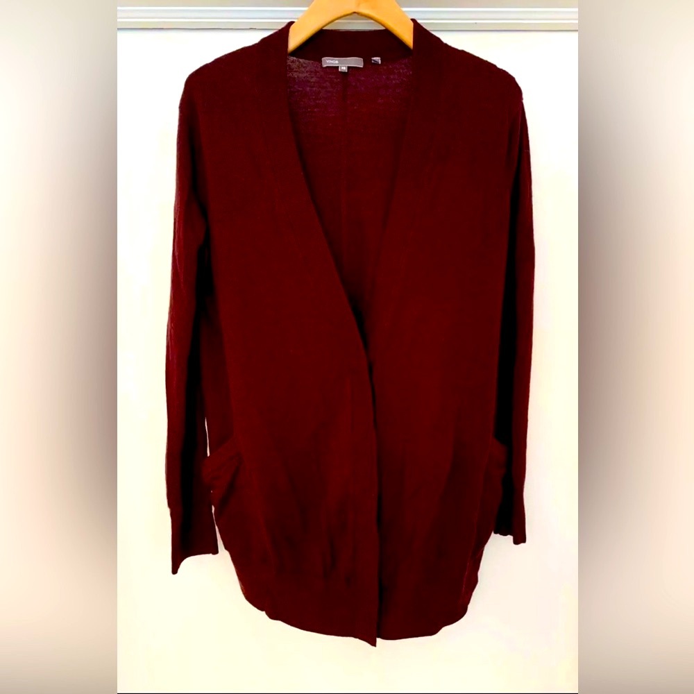 VINCE Cardigan Merino Cashmere High Low V-neck Maroon Burgundy EUC